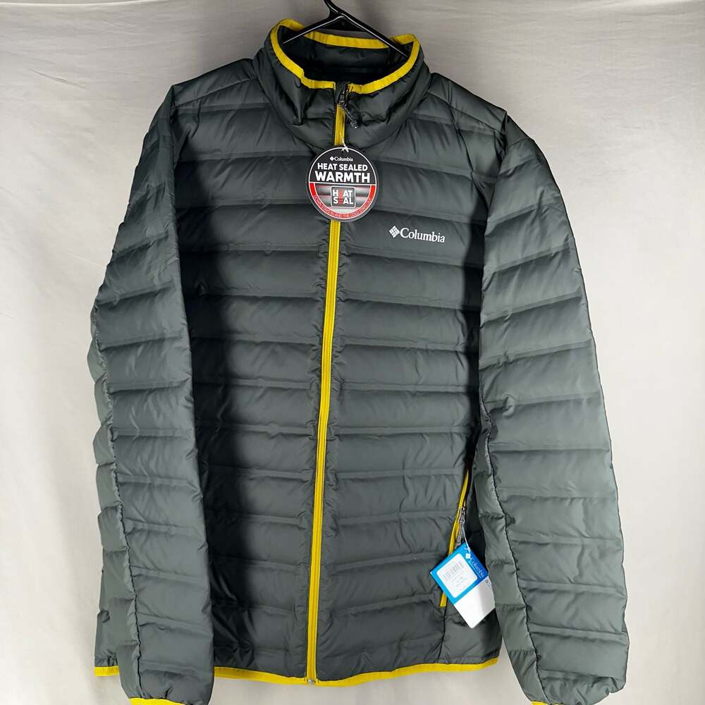 Columbia NWT Lake 22 Men's 650 Fill Down Heat Seal Jacket in Shark and Yellow Si